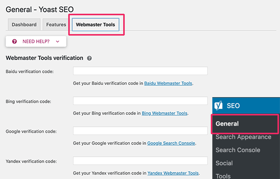 Verify tools. Yoast Webmaster Tools.